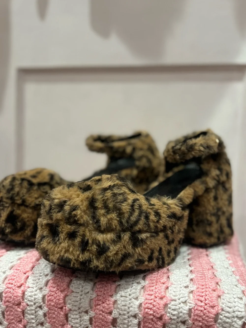 Leopard Faux Fur Platform Heels with Ankle Strap - Brown